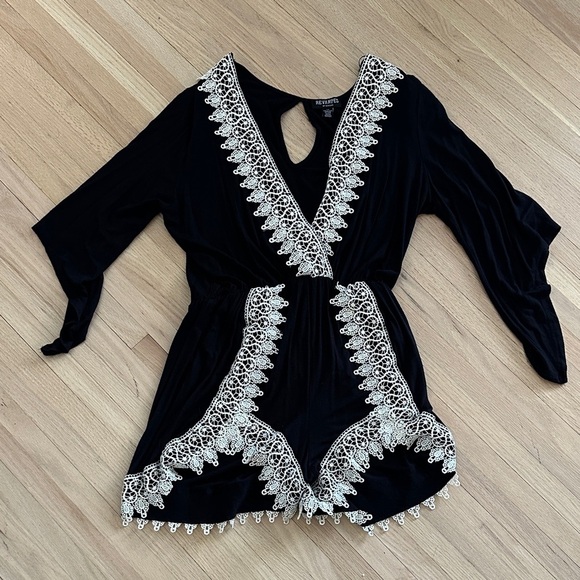 Revamped Pants - Black Romper with White Lace Trim - Size Large